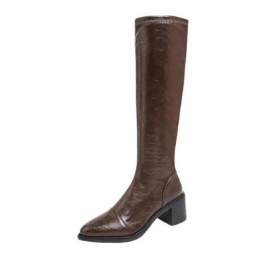 Imagem de Botas de cano alto para mulheres, estilo casual de inverno, com costura de cor sólida, bico fino e design de salto médio grosso, Caqui, 34