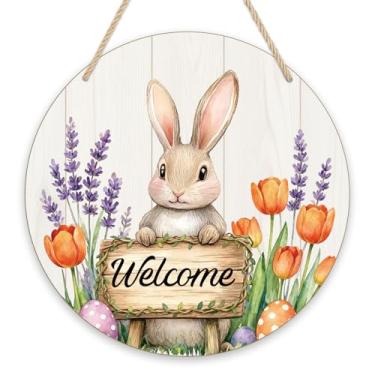 Imagem de Placa de boas-vindas para a porta da frente, ovos de coelho, tulipa redonda, de madeira, placa de porta pendurada, páscoa, pátio, varanda, parede, janela, decoração de casa, placas de boas-vindas para