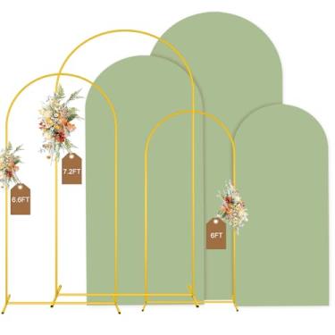 Imagem de MODFUNS Conjunto de suporte e capa de fundo de arco de metal, 1,8 e 2,0 m e 2,2 m, 2,2 m, 2,2 m, 2,2 m, arco de casamento dourado, conjunto de 3 capas arqueadas de elastano para festa, aniversário