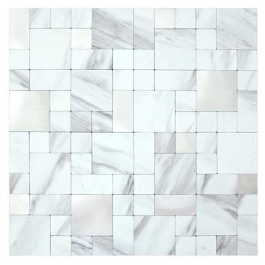 Imagem de DICOFUN 1 folha de mármore branco com aparência de azulejo descascar e colar, azulejos misturados de metal prateado para cozinha e banheiro, suporte para fogão