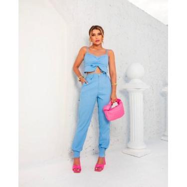 Imagem de Conjunto Linho Calça barra botões com Cropped 4354 - LADY KA , P, Azul