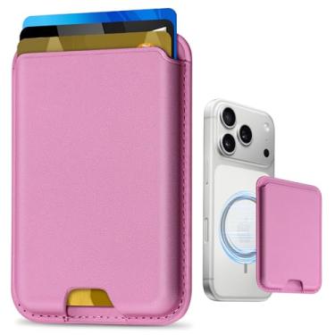 Imagem de Ababuli Porta-cartões de celular, carteira de couro fina magnética para iPhone Series 17/16/15/14/13/12 Pro/Promax e para Magsafe, capa magnética com bloqueio de RFID, porta-cartão de crédito (rosa)