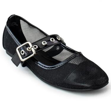 Imagem de RF ROOM OF FASHION Mary Jane Sapatilhas de balé – Palmilha extra acolchoada – Sapato casual confortável de salto baixo, Malha preta - Alça larga com fivela, 40