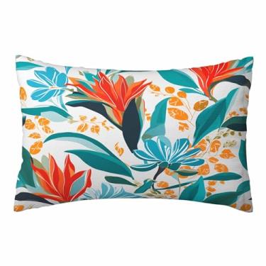 Imagem de Nicokee Capa de almofada tropical floral azul-petróleo flor coral turquesa folha laranja fronhas de almofada de poliéster decorativa para sofá, quarto, sala de estar, tamanho Queen 50 x 76 cm