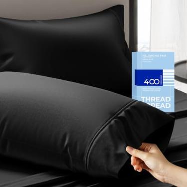 Imagem de THREAD SPREAD Capas de travesseiro Glee Queen Size 2 peças, fronhas macias e suaves 100% algodão, trama de cetim de 400 fios, capas de travesseiro pretas - perfeitas para uso doméstico, hotéis e hospitalares