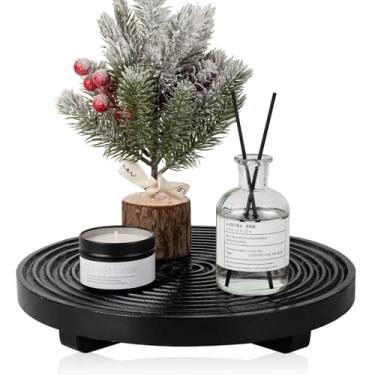 Imagem de Bandeja decorativa redonda para decoração de banheiro de fazenda, suporte de madeira, organizador de bancada de cozinha para perfume, vela, planta, 23 cm, preto