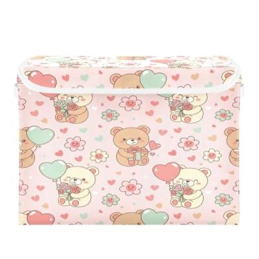 Imagem de Wassud Cestos de armazenamento dobráveis com tampas, ursos e balões de coração, cestas organizadoras de tecido dobráveis para armário, decoração sazonal de casa 40 x 30 x 30 cm