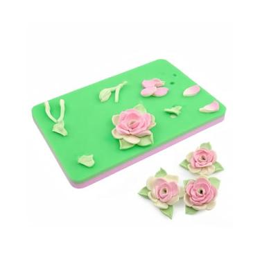 Imagem de AUNMAS Almofada de espuma para fondant, tapete retangular para esponja de bolo com 5 furos para decoração de bolo, pasta faça-você-mesmo/flor de açúcar/chiclete/chocolate/argila, ferramentas de secagem para ferramentas de modelagem, rosa e verde