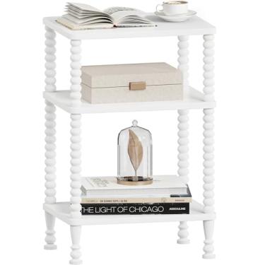 Imagem de Lifenite Mesa lateral, mesa de canto pequena de 3 níveis, mesa de destaque alta com prateleira de armazenamento para espaços pequenos, quarto, sala de estar, casa de fazenda, branca