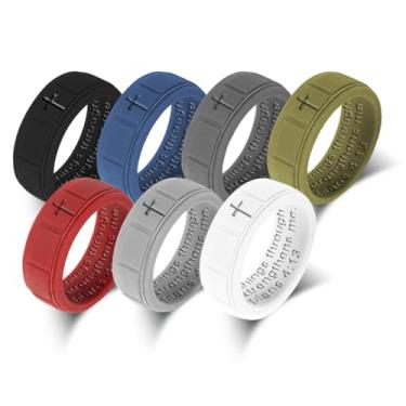Imagem de Anéis de silicone com cruz cristã 8 mm padrão quadrado anel de noivado anéis de borracha versículo bíblico citação fé inspiradora homens mulheres joias religiosas, tamanho 8-13, Silicone, Sem pedra