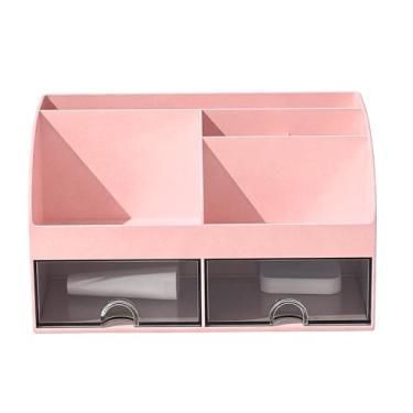 Imagem de AUNMAS Organizador de Mesa Com 6 Compartimentos, Caneta de Maquiagem Multifuncional, Lápis, Cartão de Visita, Porta-notas, Caixa de Armazenamento Com 2 Gavetas Transparentes para (Rosa)
