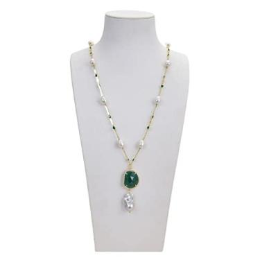 Imagem de DWBPGVUN Joias 66 cm Arroz Branco Pérola Verde Jades Cristal Colar Keshi Pingente de Pérola