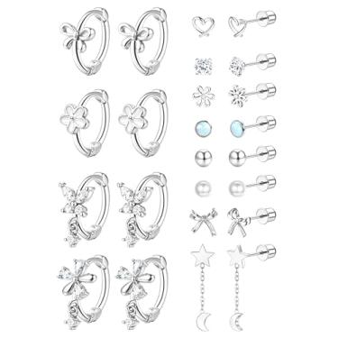 Imagem de GEMQUEEN 12 pares de brincos femininos hipoalergênicos de aço inoxidável: brincos traseiros banhados a ouro 14K para orelhas sensíveis, brincos fofos, argolas de pressão, coração de zircônia cúbica