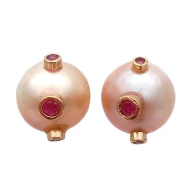 Imagem de Brincos femininos de luxo com zircônia cúbica vermelha e pérola champanhe