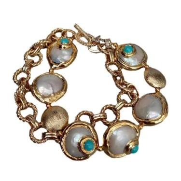 Imagem de DWBPGVUN Colar/pulseira de corrente banhada a ouro com contas de zircônia cúbica galvanizada com pérola branca