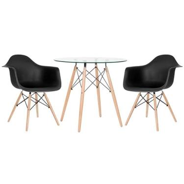 Imagem de Loft7, Kit Mesa Redonda de Vidro Eames 80 cm + 2 Cadeiras Eames Eiffel DAW, Polipropileno, Aço e Madeira, Escritório, Sala de Estar e Sala de Jantar - Preto