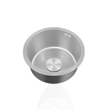 Imagem de PVXMQFFA Pia pequena de aço inoxidável 304, mini pia de cozinha, cinza, redonda, pia de caravana de tigela única com encaixes de escorredor e transbordamento para trailer, bar, restaurante, montagem