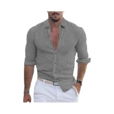 Imagem de Camisa Havaiana Masculina de Manga Comprida - Linho e Algodão - Casual