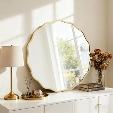 Imagem de HOMECOOKIN Espelho de parede redondo ondulado de 71 cm, espelho de parede ondulado redondo com moldura de alumínio para atualizações de banheiro, hotéis, penteadeiras, casas de fazenda