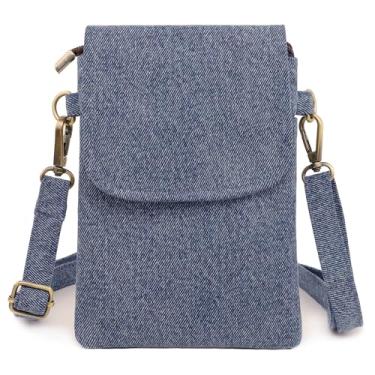 Imagem de SILKAREA Bolsa tiracolo pequena de lona bordada vintage para celular bolsa feminina carteira de pulso bolsa de moedas, Denim Blue-b, Bolsa tiracolo feminina pequena jeans de algodão