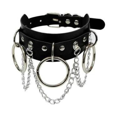 Imagem de Colar Gótico Feminino Preto De Couro Punk Com Coração, Cadeado E Espin