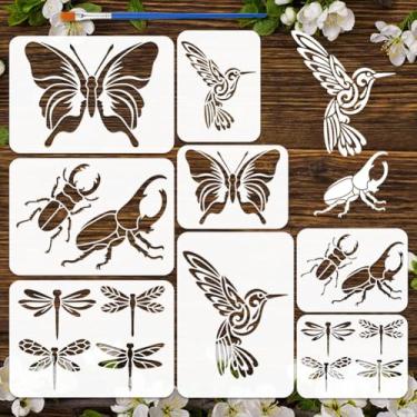 Imagem de FINGERINSPIRE 8 peças de estêncil de animais com 1 pincel 21 x 29,7 cm, estêncil de beija-flor, estêncil de borboleta, modelos de libélula, modelo de besouro de rinoceronte, modelo de temas de animais