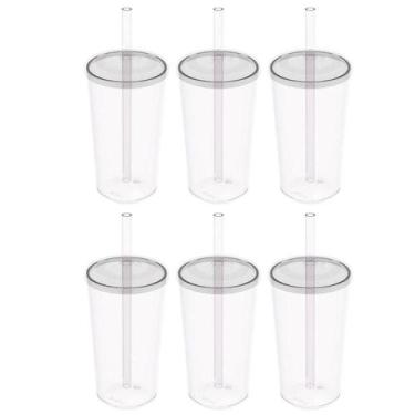 Imagem de Kit 6 Copos com Tampa e Canudo 500ml Crippa Transparente Plástico Água