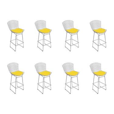 Imagem de Kit 8 Banquetas Bistrô Bertoia Cromada D60 Com Assento Sintético Amarelo