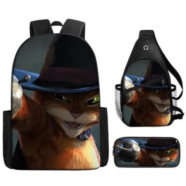 Imagem de Conjunto de mochilas Puss in Boots, bolsa escolar de anime para crianç