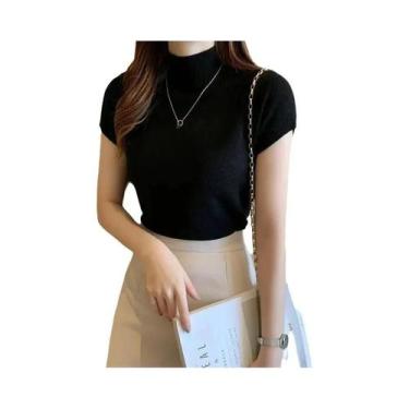 Imagem de Camiseta Feminina De Manga Curta Com Gola Alta Em Cor Sólida, Top De V