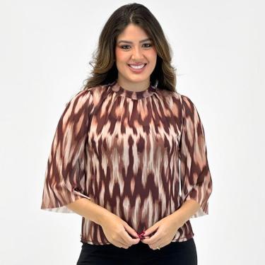 Imagem de Blusa Doce Trama de Tule Gola Alta Manga 3/4 Feminina-Feminino