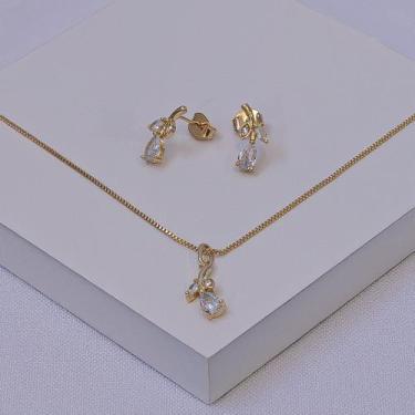 Imagem de Conjunto Folheado a Ouro Brinco e Colar Flor com Zircônias - Ralifla