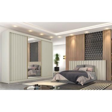 Imagem de Guarda Roupa Casal Grécia 3 Portas de Correr 6 Gavetas MDF com Espelho Off White Móveis Europa