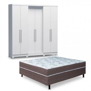 Imagem de Guarda Roupa Casal Napoli UP 6 Portas de Bater 4 Gavetas MDP Branco + Cama Box Casal Branco