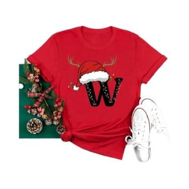 Imagem de Camiseta Feminina Vermelha De Natal Com Alfabeto, Estilo Casual, Manga