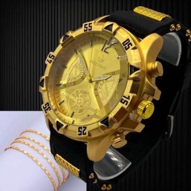 Imagem de Relógio masculino pulseira de borracha a prova dágua preto com dourado