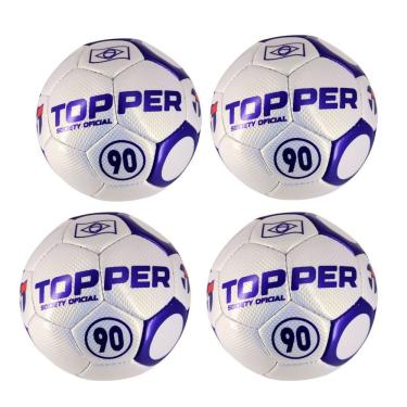 Imagem de Kit 4 Bola de Futebol Society 90 Costurada à Mão Branco e Roxo para Grama Sintética Topper