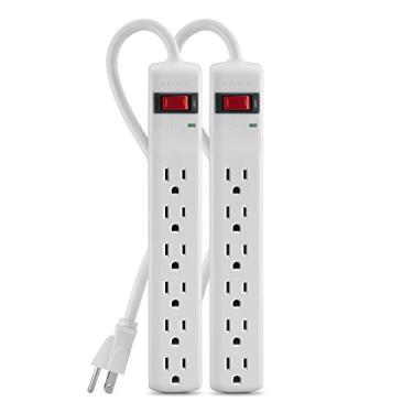 Imagem de Belkin Power Strip Protetor contra surtos – 6 tomadas múltiplas CA, cabo de extensão de metal resistente de 60 cm de comprimento para casa, escritório, viagens, desktop de computador e tijolo de carregamento de telefone – 200 Joules, branco (pacote com 2)