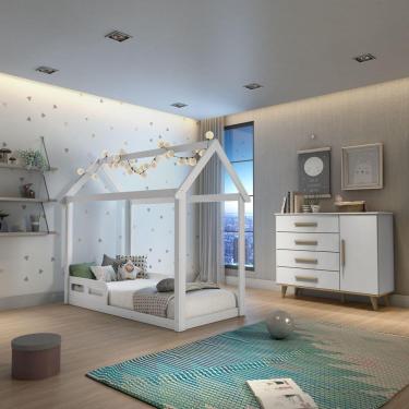 Imagem de Quarto Infantil Montessoriano Cama Casinha Comoda 4 Gavetas Retrô Ludmila Branco Fosco Carolina Baby