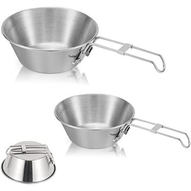 Imagem de Pacote de 2 tigelas de acampamento de aço inoxidável com alça dobrável portátil para acampamento ao ar livre utensílios de mesa (200ML)