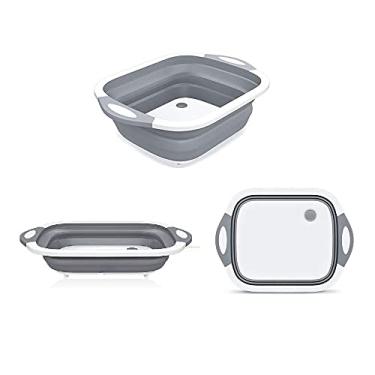 Imagem de HOKANG Tábua de corte dobrável, tábua de corte dobrável com plugue e escorredor de drenagem, cesta multifuncional de lavar vegetais, banheira de silicone para uso interno e externo