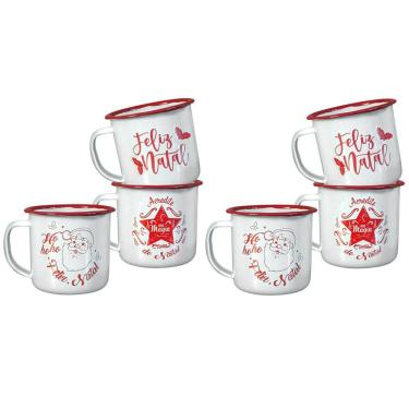 Imagem de Jogo 6 Mini Canecas Esmaltadas Branco Estampa Decor Natal 150ml - Yangzi