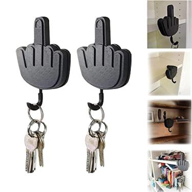 Imagem de Gancho de chave de dedo médio engraçado, gancho de chave autoadesivo para gestos de mão, porta-chaves personalizado retrátil para porta de parede, corredor, escritório, 2 peças