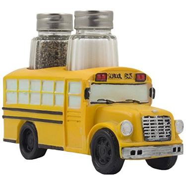 Imagem de Decorativo modelo escolar ônibus vidro sal e pimenteiro conjunto como suporte de exibição estatueta para decoração ou presentes exclusivos de mesa de jantar e cozinha para professores e motoristas de ônibus