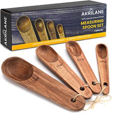 Imagem de Conjunto de colheres de medição de madeira conjunto de utensílios de cozinha | Colher de madeira de acácia premium para chefes | Colheres gravadas precisas para ingredientes secos e líquidos | Conjunto de 4