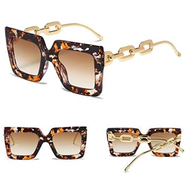 Imagem de Óculos de sol femininos masculinos vintage quadrados, simplicidade clássica, design de pernas de corrente de metal, óculos de sol grandes, óculos de sol com listra verde, sombras, chá de flores amarelas, tamanho único