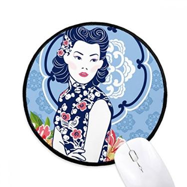 Imagem de DIYthinker Cultura Chinesa Flor Azul Mulher Mouse Pad Desktop Escritório Tapete Redondo para Computador