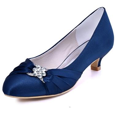 Imagem de Elegantpark Sapato feminino de casamento com bico fechado e salto confortável com strass, Azul marinho, 6.5