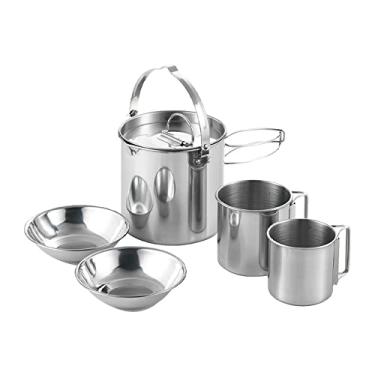 Imagem de 5 pçs conjunto de panelas de acampamento ao ar livre portátil kit de panelas de piquenique de aço inoxidável utensílios de cozinha acessório de cozinha