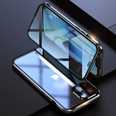 Imagem de Capa de telefone de metal de adsorção magnética de vidro dupla face 360 para iphone 13 12 mini 11 14 pro max capa de filme protetor de lente de câmera, preto, para iphone 13